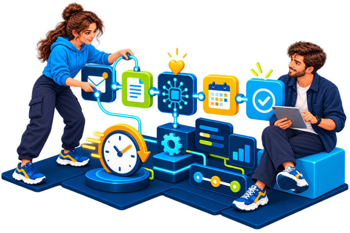 Equipo creativo trabajando con tecnología, IA y automatización